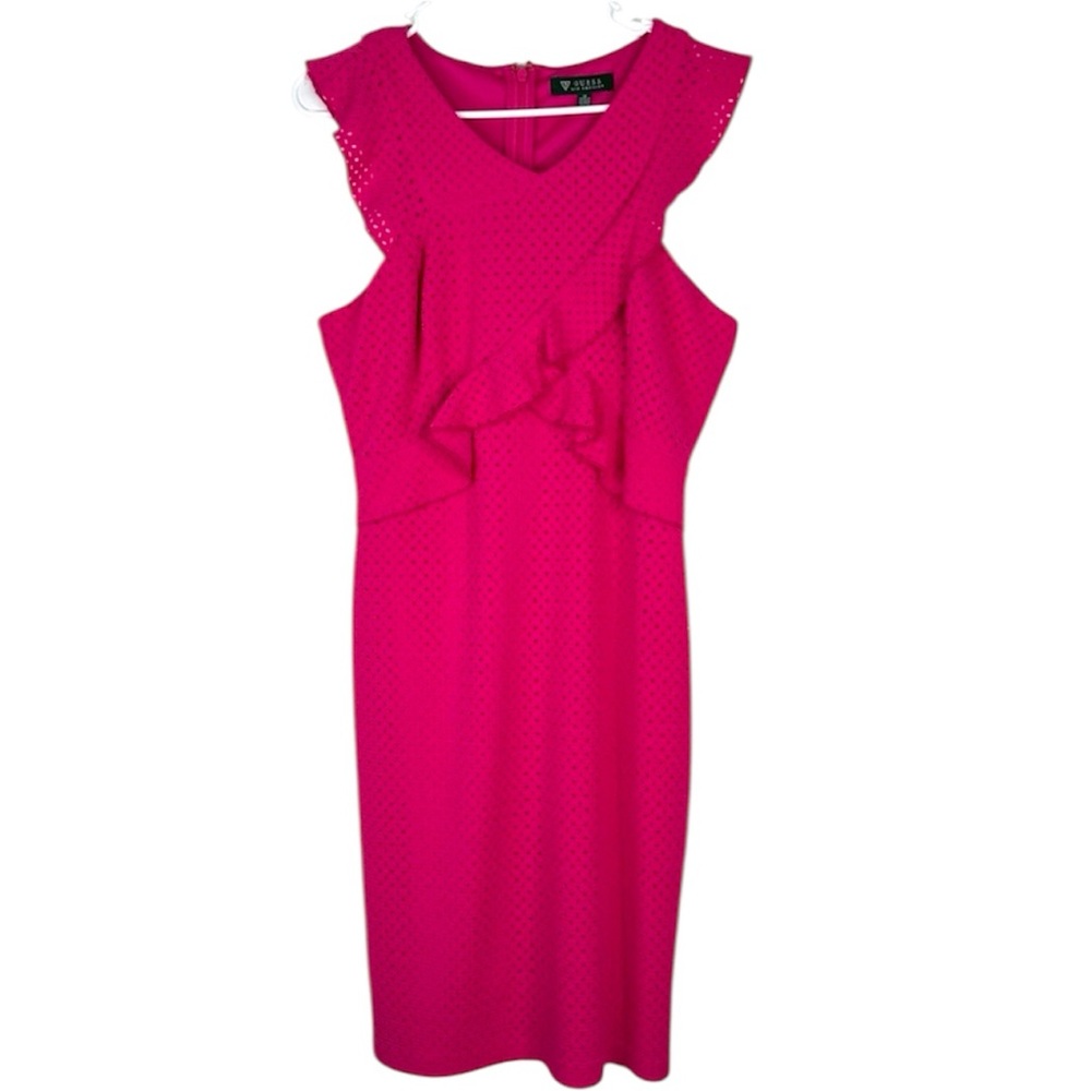 NWT Guess Fuchsia Pink Ruffle Midi Dress Sleeveless Eyelet Size 12